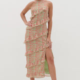Pretty Lavish Katy Ruffle Midaxi Dress in Pink and Green Abstract Spot – dresses by Pretty Lavish, available to rent from Hirestreet