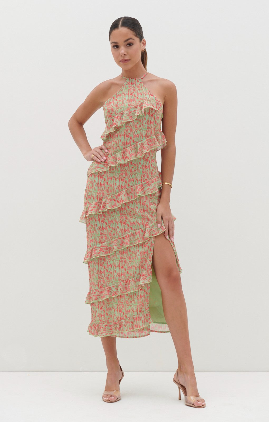Pretty Lavish Katy Ruffle Midaxi Dress in Pink and Green Abstract Spot – dresses by Pretty Lavish, available to rent from Hirestreet