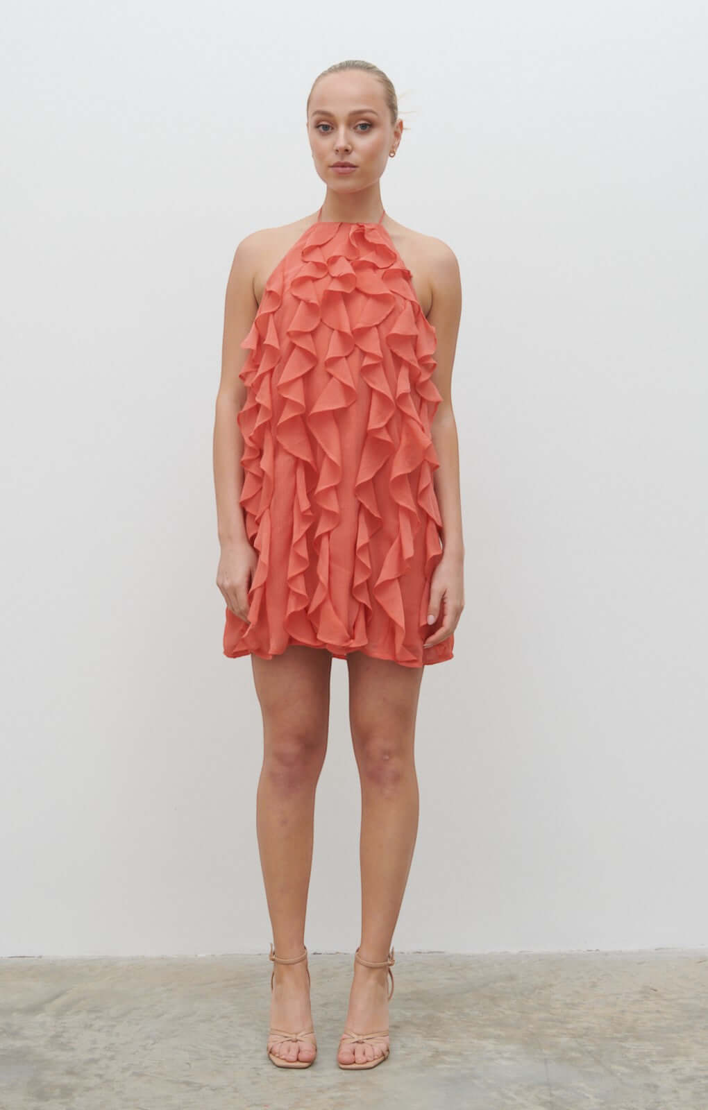 Pretty Lavish Kelsey Halter Ruffle Pink Clay Mini Dress