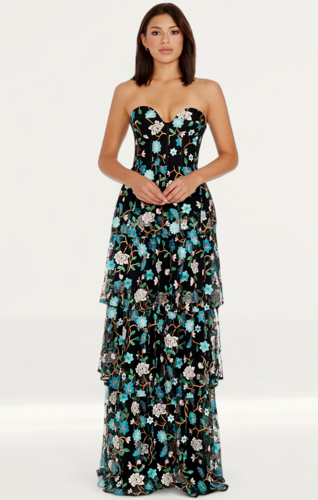 Dress The Population Layana Turquoise Strapless Tiered Maxi Dress