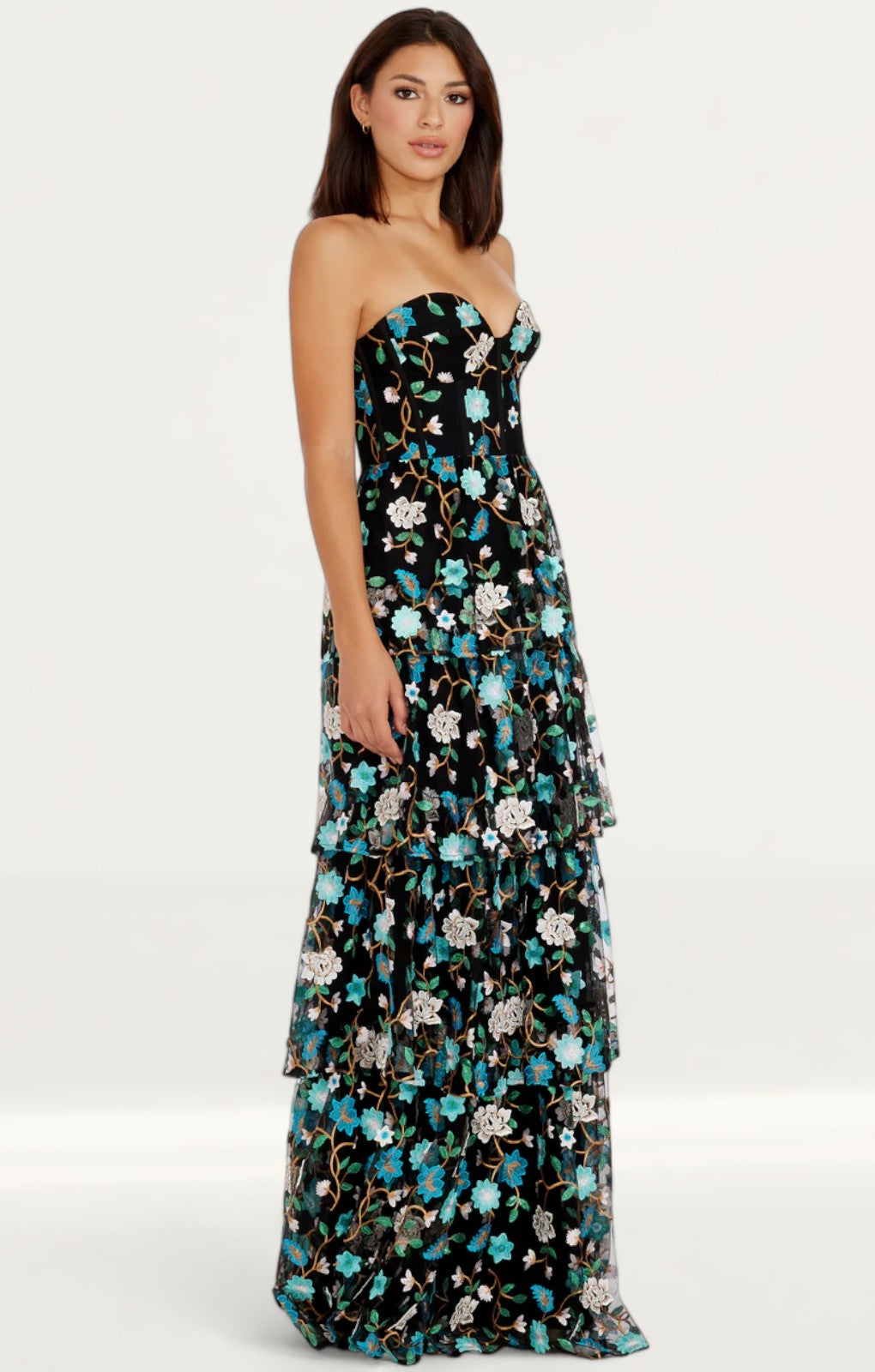 Dress The Population Layana Turquoise Strapless Tiered Maxi Dress