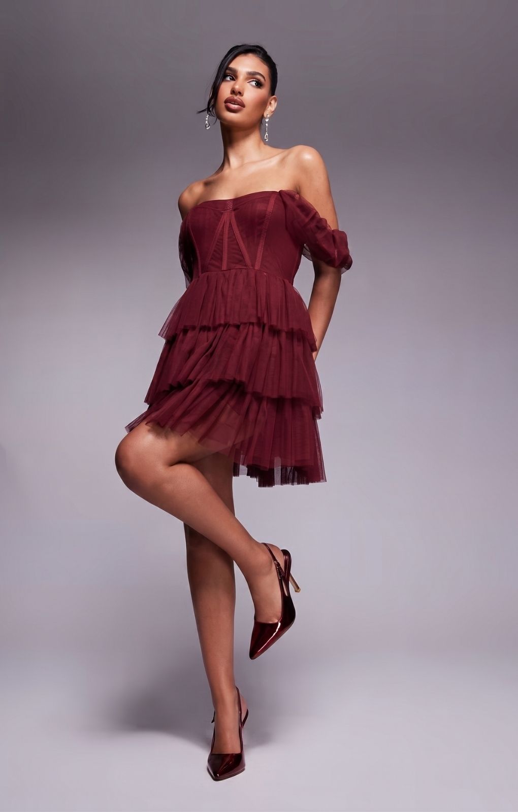 Rent Lace & Beads Off Shoulder Corset Tulle Mini Dress in Burgundy |  Hirestreet