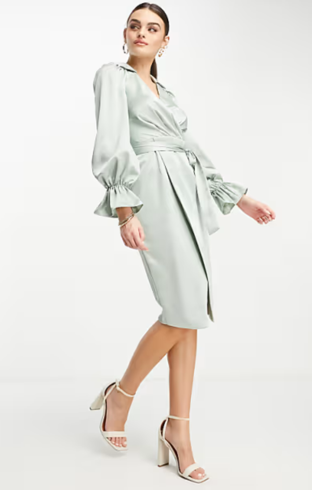 Lavish Alice Satin Wrap Puff Sleeve Midi Dress In Sage – dresses by Lavish Alice, available to rent from Hirestreet