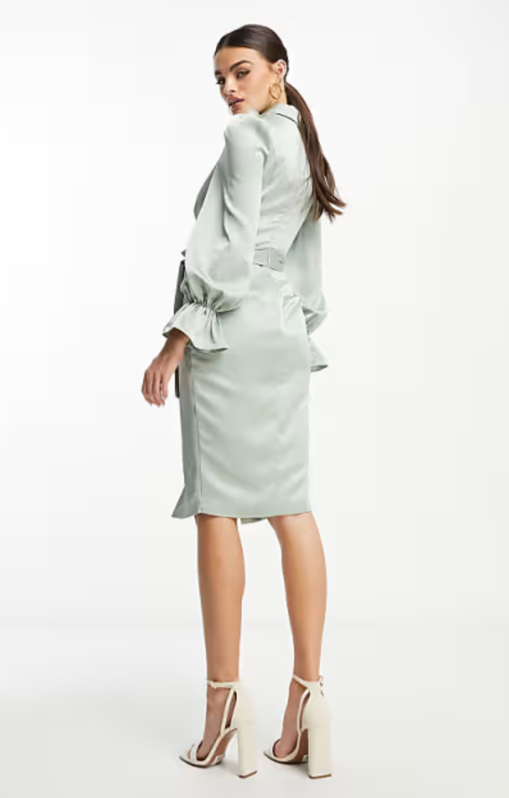 Lavish Alice Satin Wrap Puff Sleeve Midi Dress In Sage – dresses by Lavish Alice, available to rent from Hirestreet