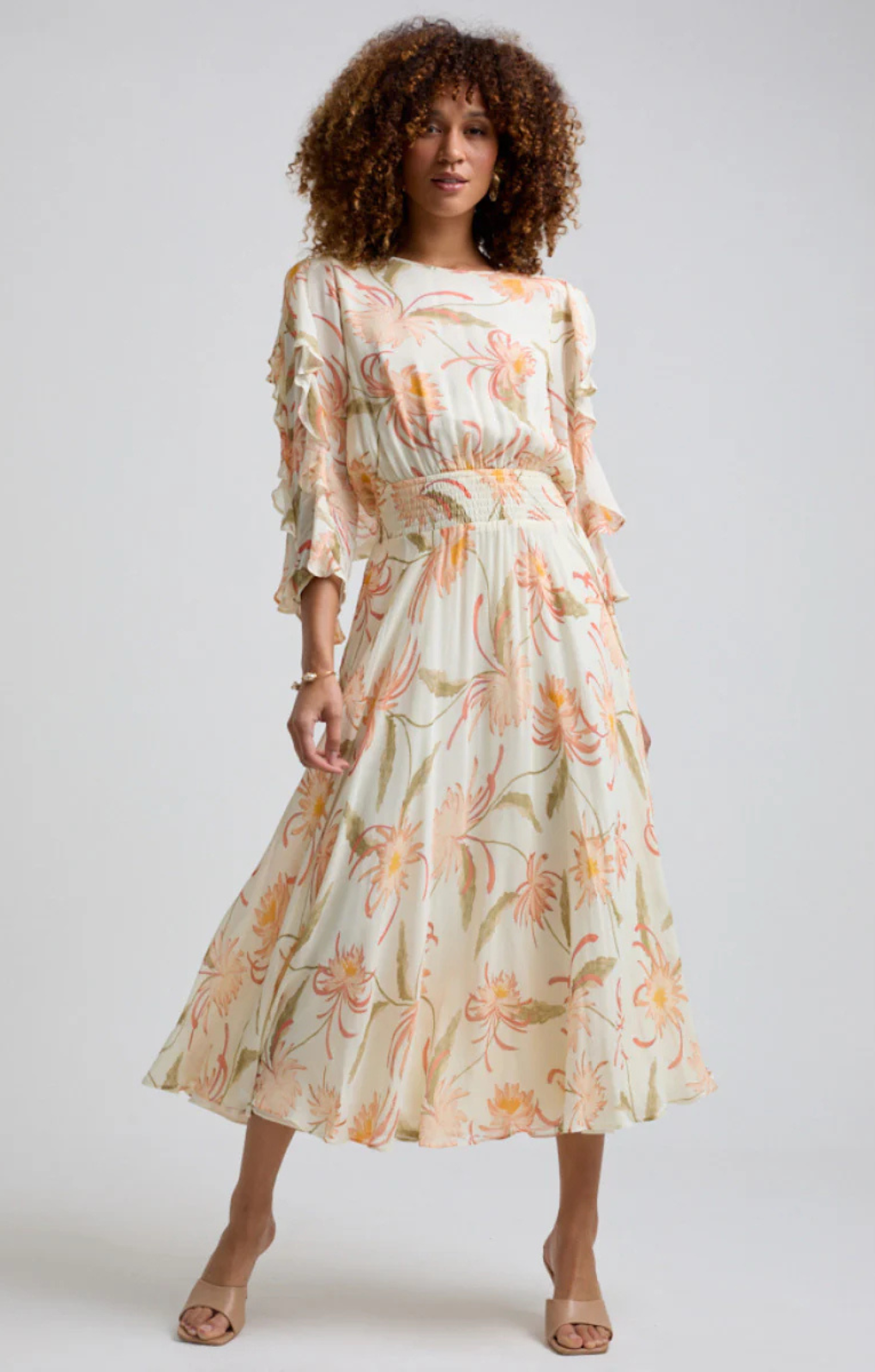 Lily and Lionel Mia Ruffle Sleeve Moonflower Print Midi Dress In Cream – dresses by Lily and Lionel, available to rent from Hirestreet