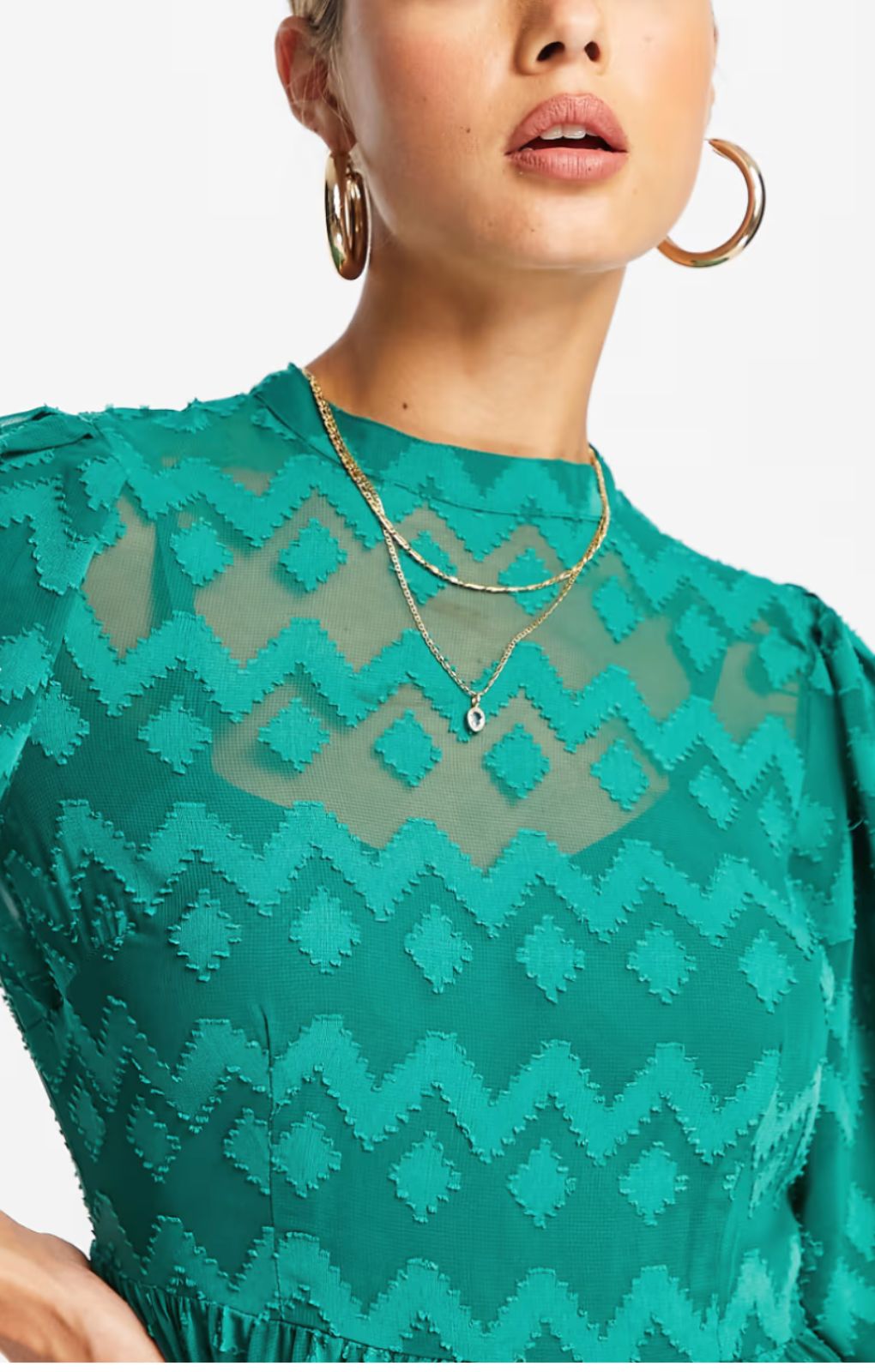 ASOS DESIGN High Neck Pleated Chevron Dobby Midi Dress With Puff Sleeve In Forest Green