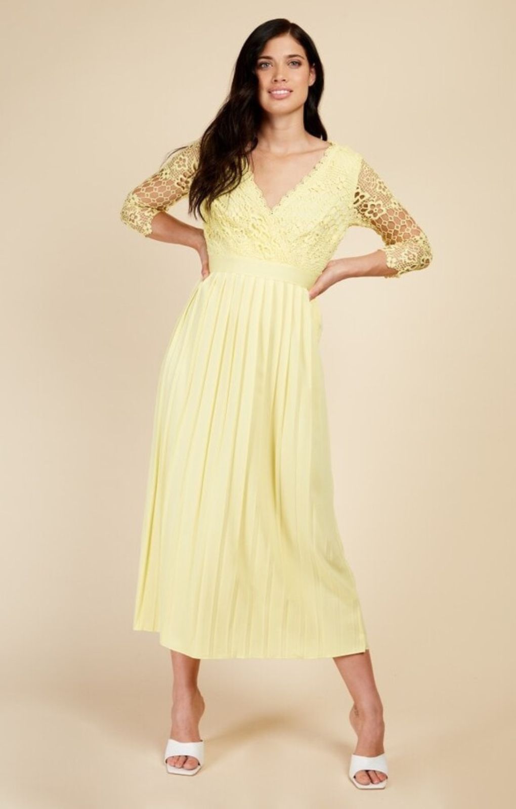 Little Mistress Tandi Lemon Zest Crochet Lace Pleated Midaxi Dress