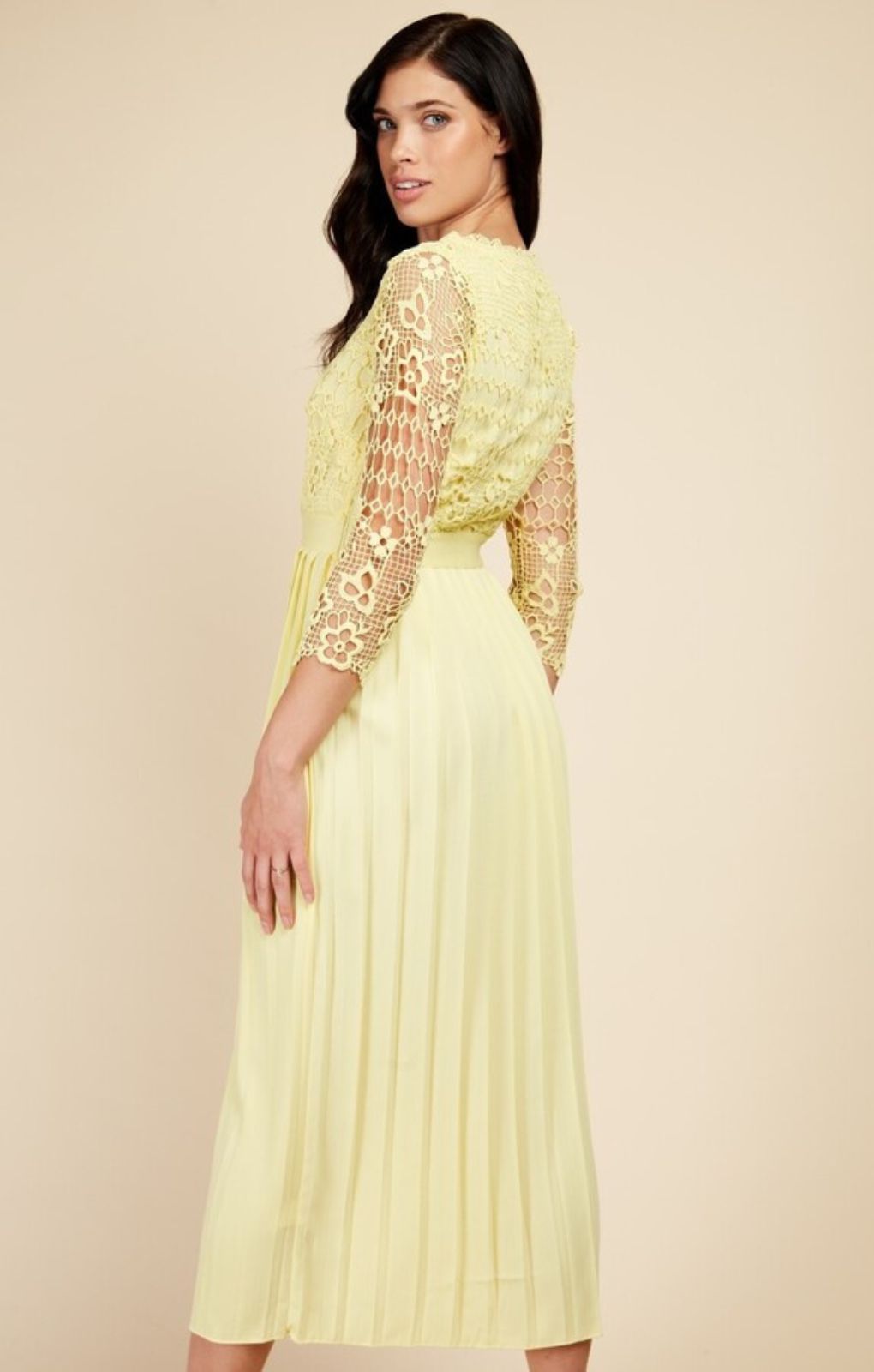 Little Mistress Tandi Lemon Zest Crochet Lace Pleated Midaxi Dress