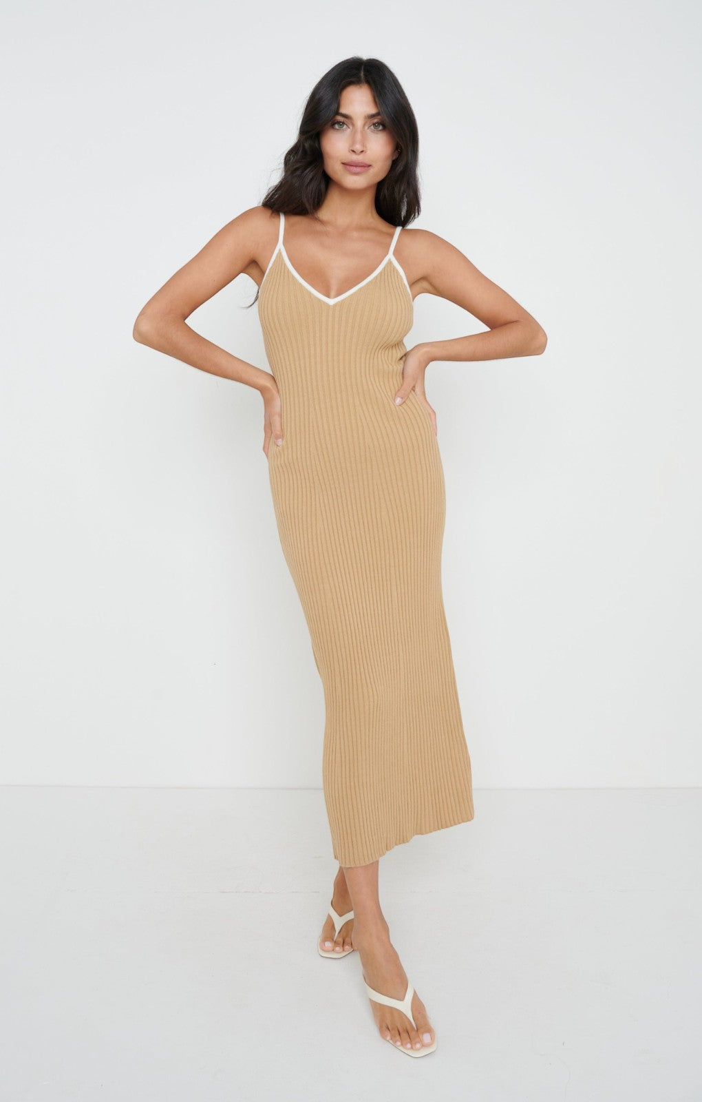 Pretty Lavish Lorin Contrast Strap Camel Knit Dress – dresses by Pretty Lavish, available to rent from Hirestreet