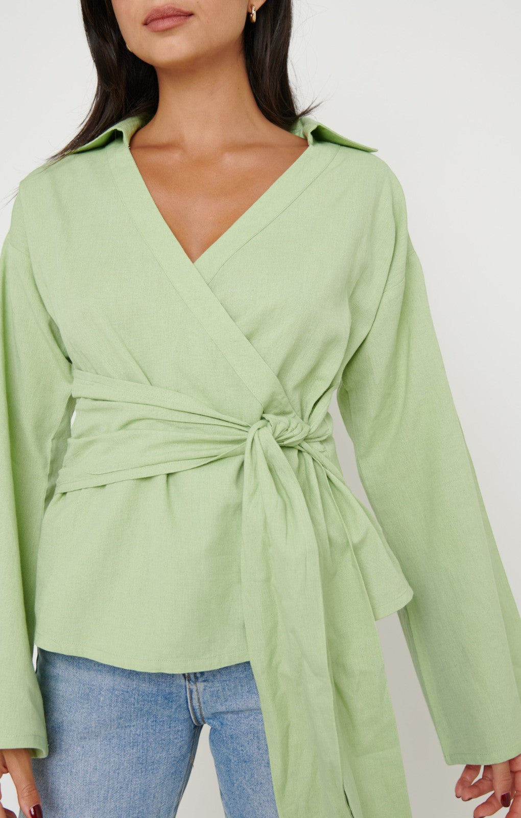 Pretty Lavish Louis Linen Green Wrap Blouse – dresses by Pretty Lavish, available to rent from Hirestreet
