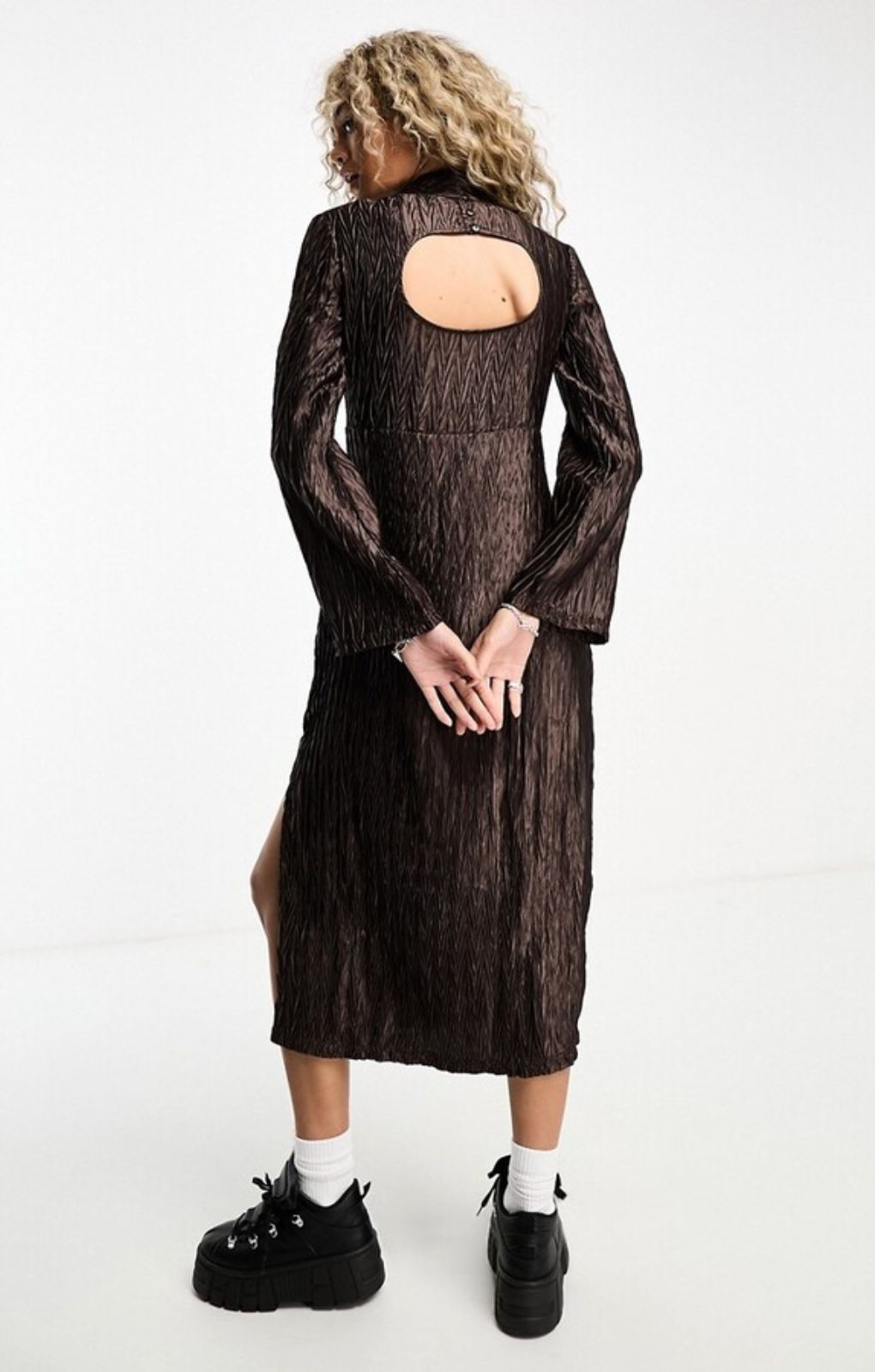 Native Youth High Neck Plisse Midaxi Dress In Bronze