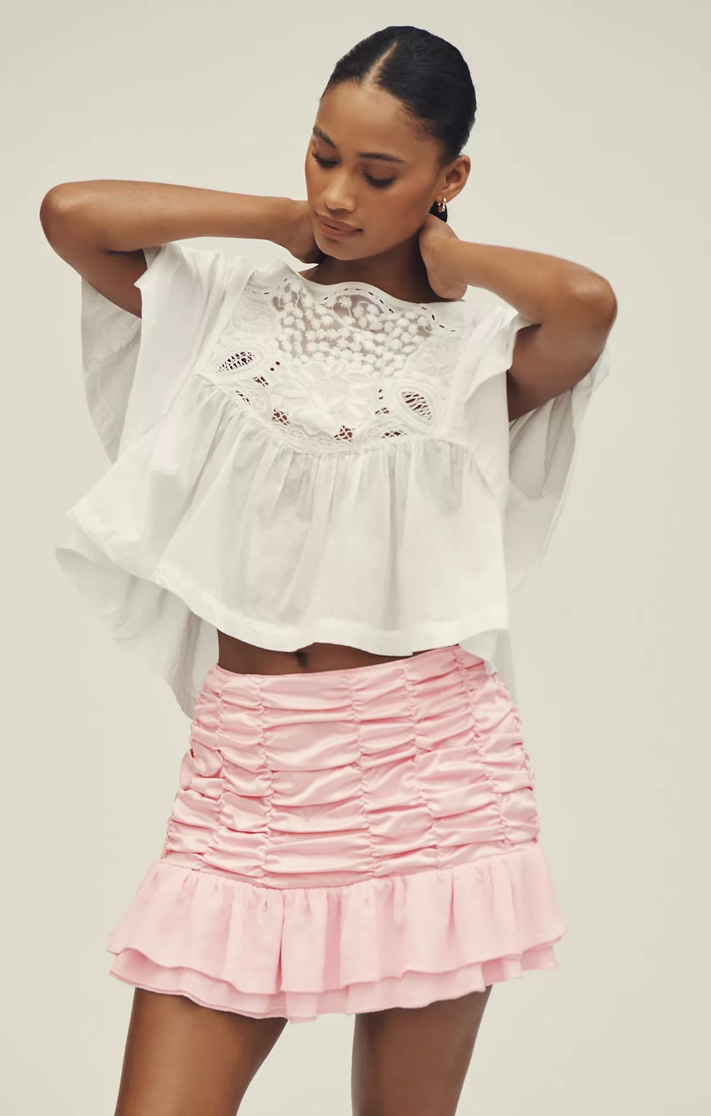 Maeve Satin Chiffon Ruched Mini Skirt – skirts by Maeve, available to rent from Hirestreet