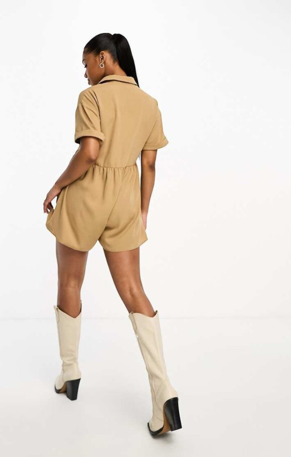 Miss Selfridge Linen Look Soft Shirt Playsuit In Stone – jumpsuits & playsuits by Miss Selfridge, available to rent from Hirestreet