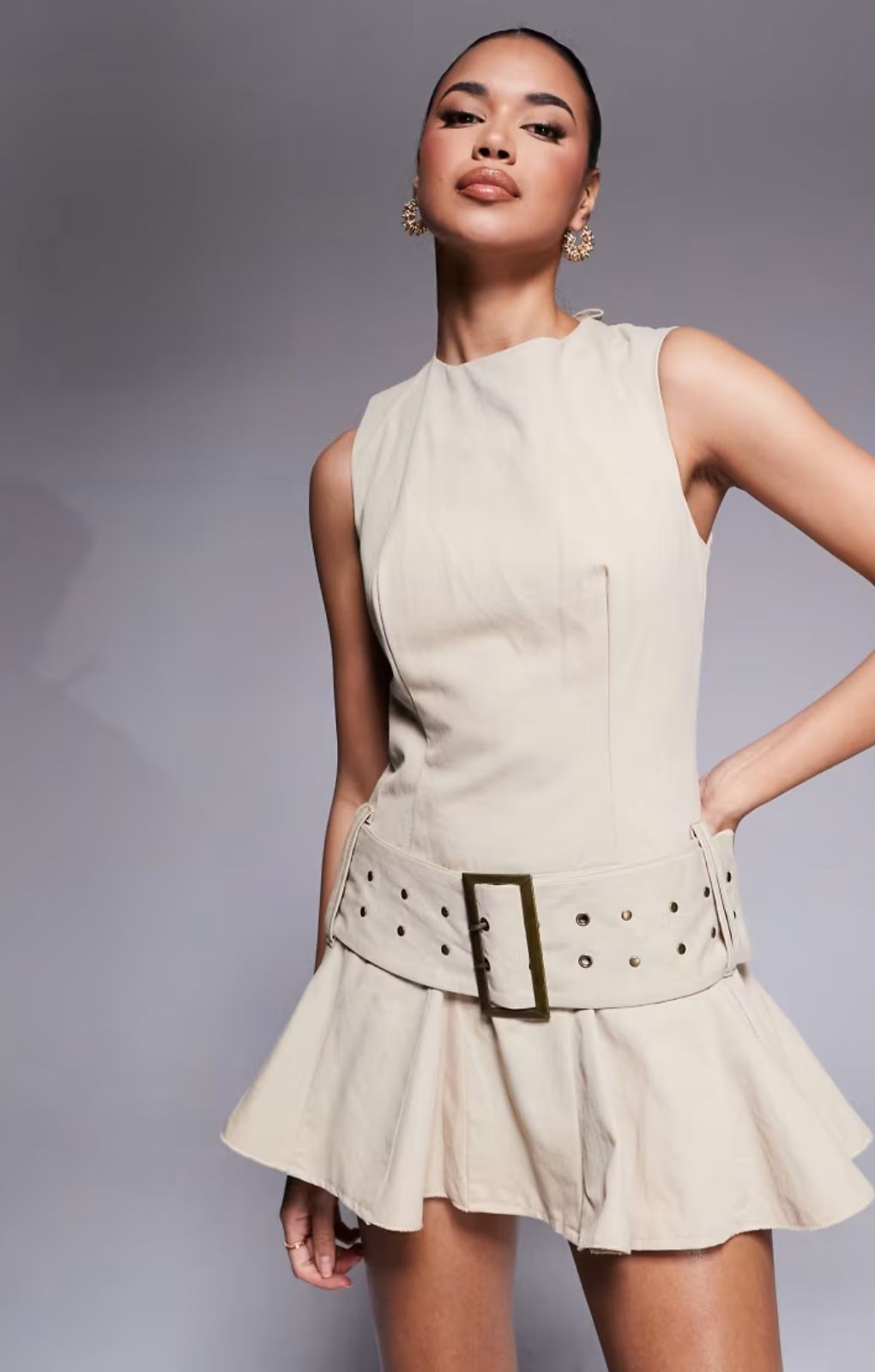 Rent Murci Structured Sleeveless Lace Up Back Belted Hem Mini Dress in Sand 