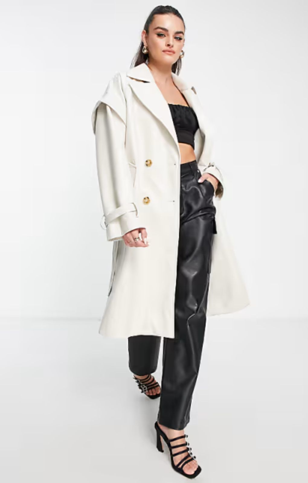 Aria Cove Vegan Leather Drop Shoulder Trench Coat In Cream