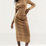 French Connection Knitted Midi Skirt In Brown Stripe
