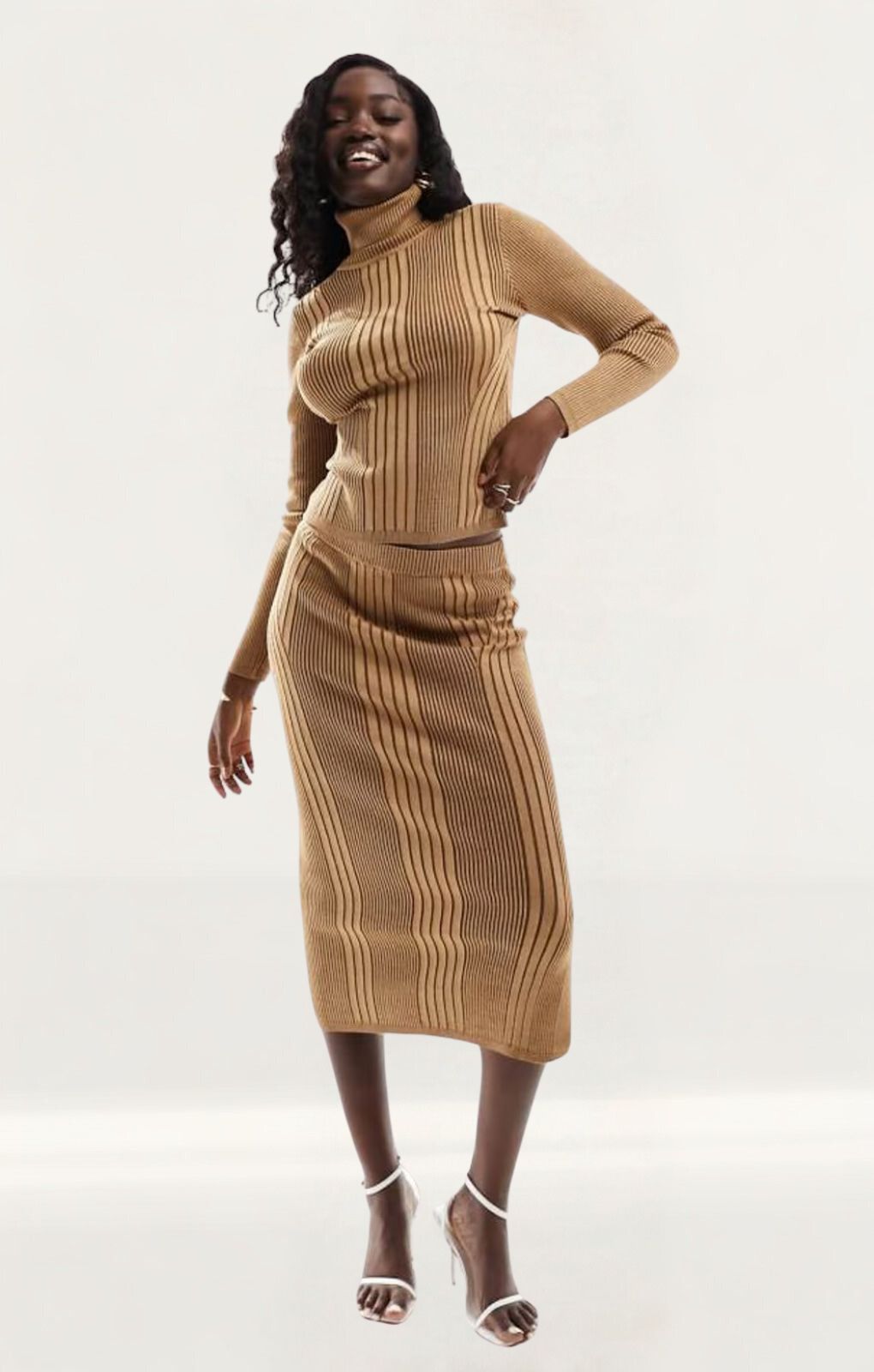 French Connection Knitted Midi Skirt In Brown Stripe