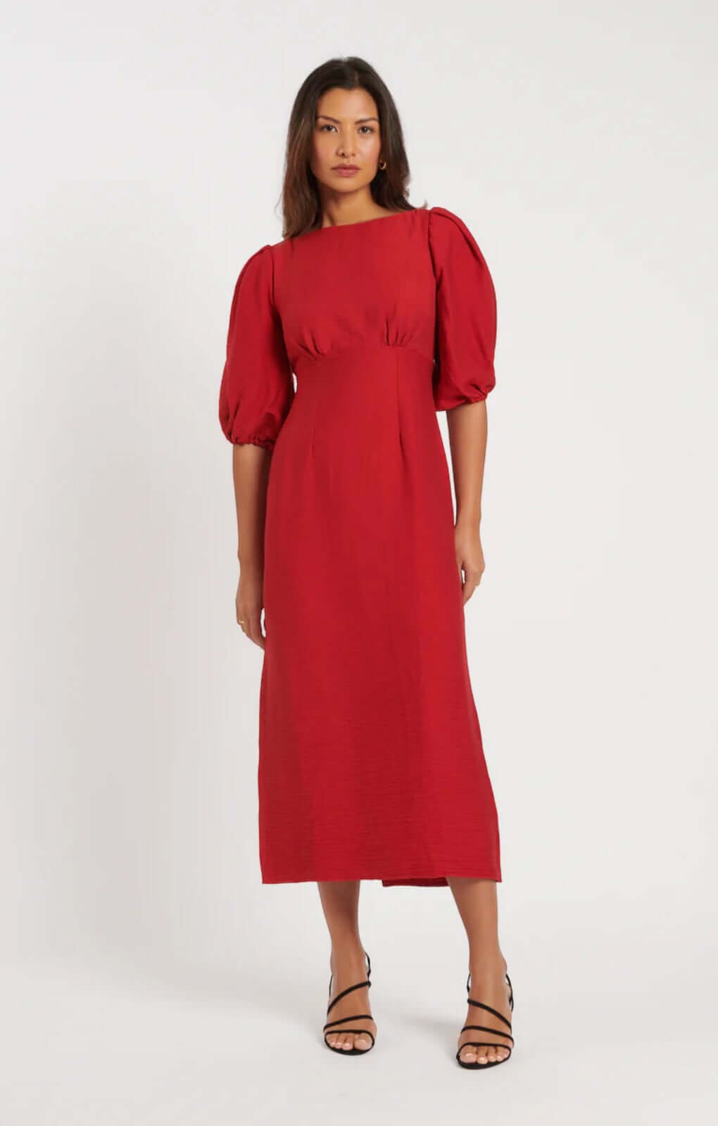 Nobody's Child Red Puff Sleeve Hannah Midi Dress