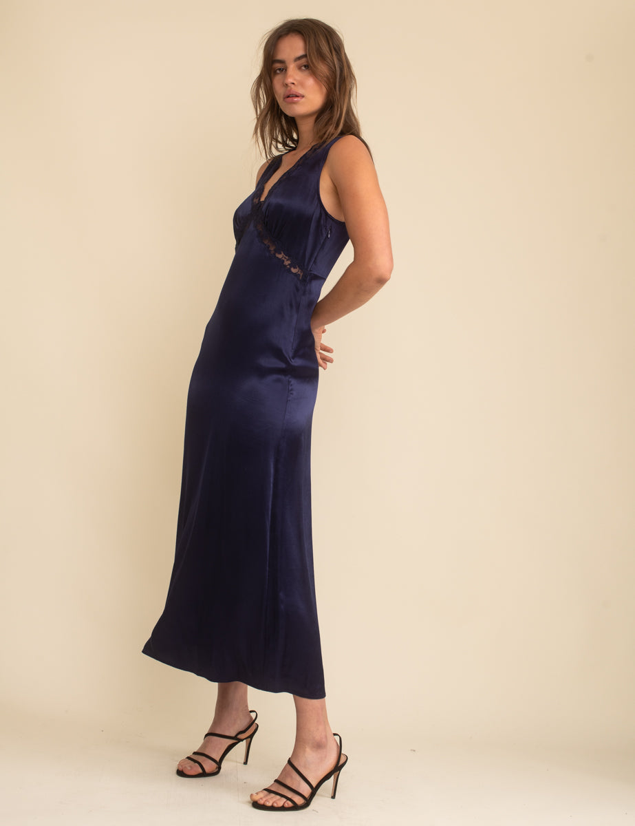 Nobody's Child Navy Sleeveless Satin Lace Trim Nessy Midaxi Dress