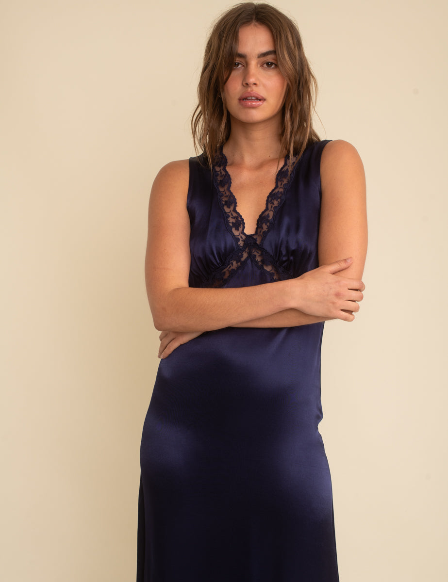 Nobody's Child Navy Sleeveless Satin Lace Trim Nessy Midaxi Dress