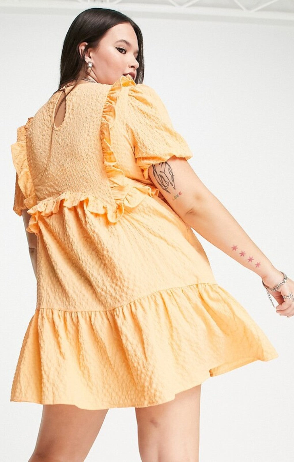 Neon Rose Ruffle Front Smock Dress In Textured Apricot – dresses by Neon Rose, available to rent from Hirestreet