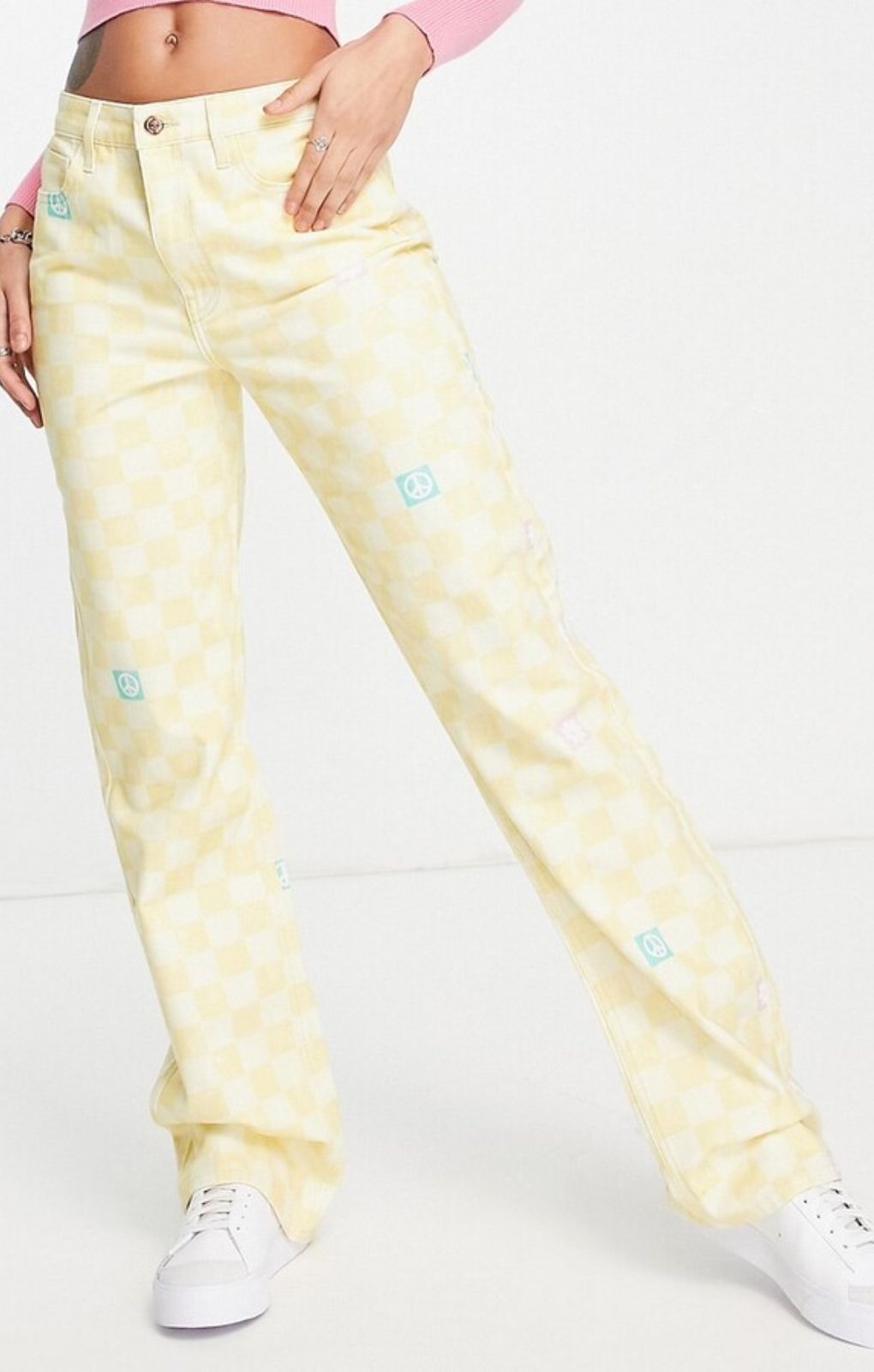 Neon & Nylon High Waisted Flared Jeans In Yellow Checkerboard – jeans by Only, available to rent from Hirestreet