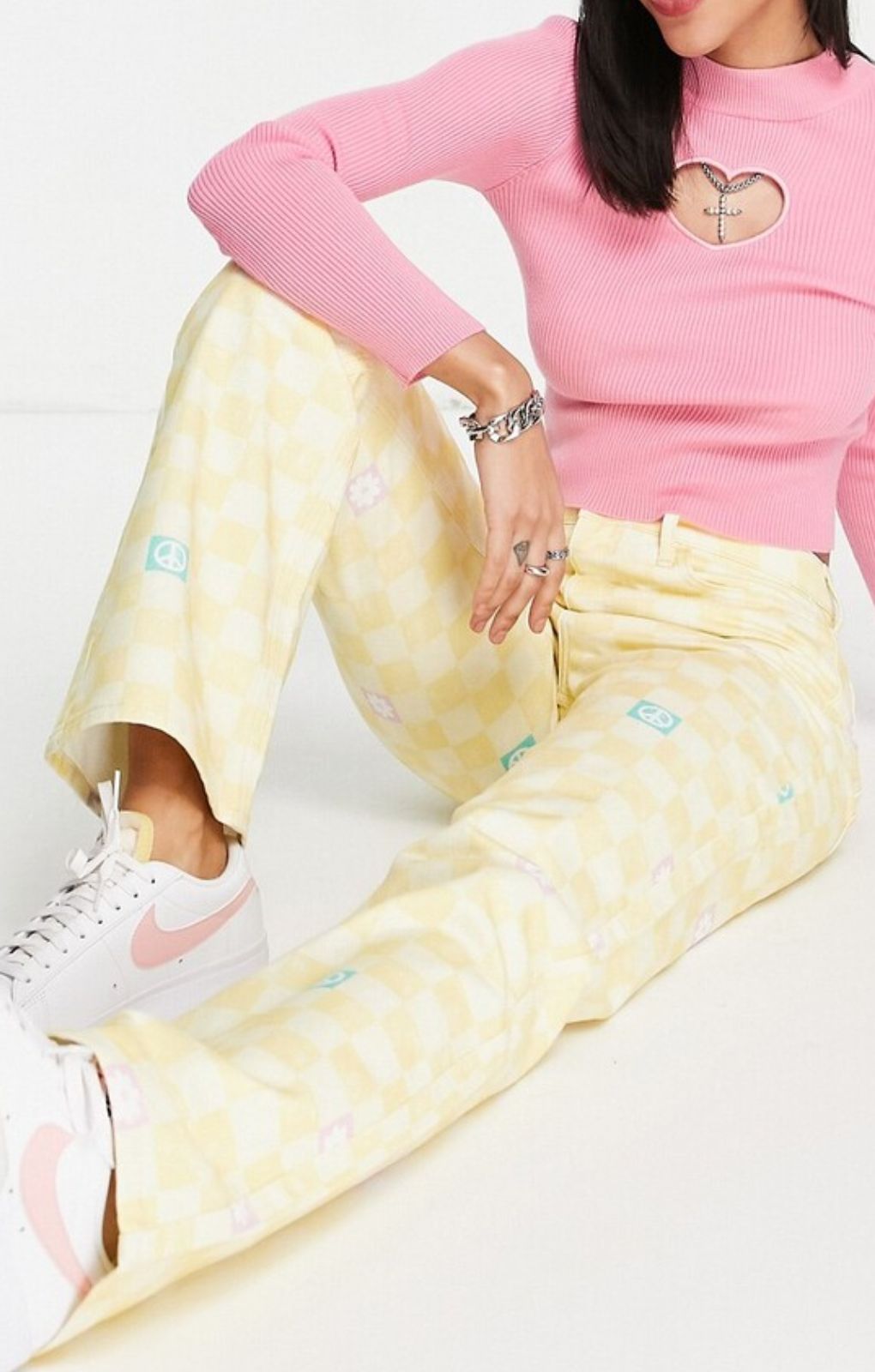 Neon & Nylon High Waisted Flared Jeans In Yellow Checkerboard – jeans by Only, available to rent from Hirestreet
