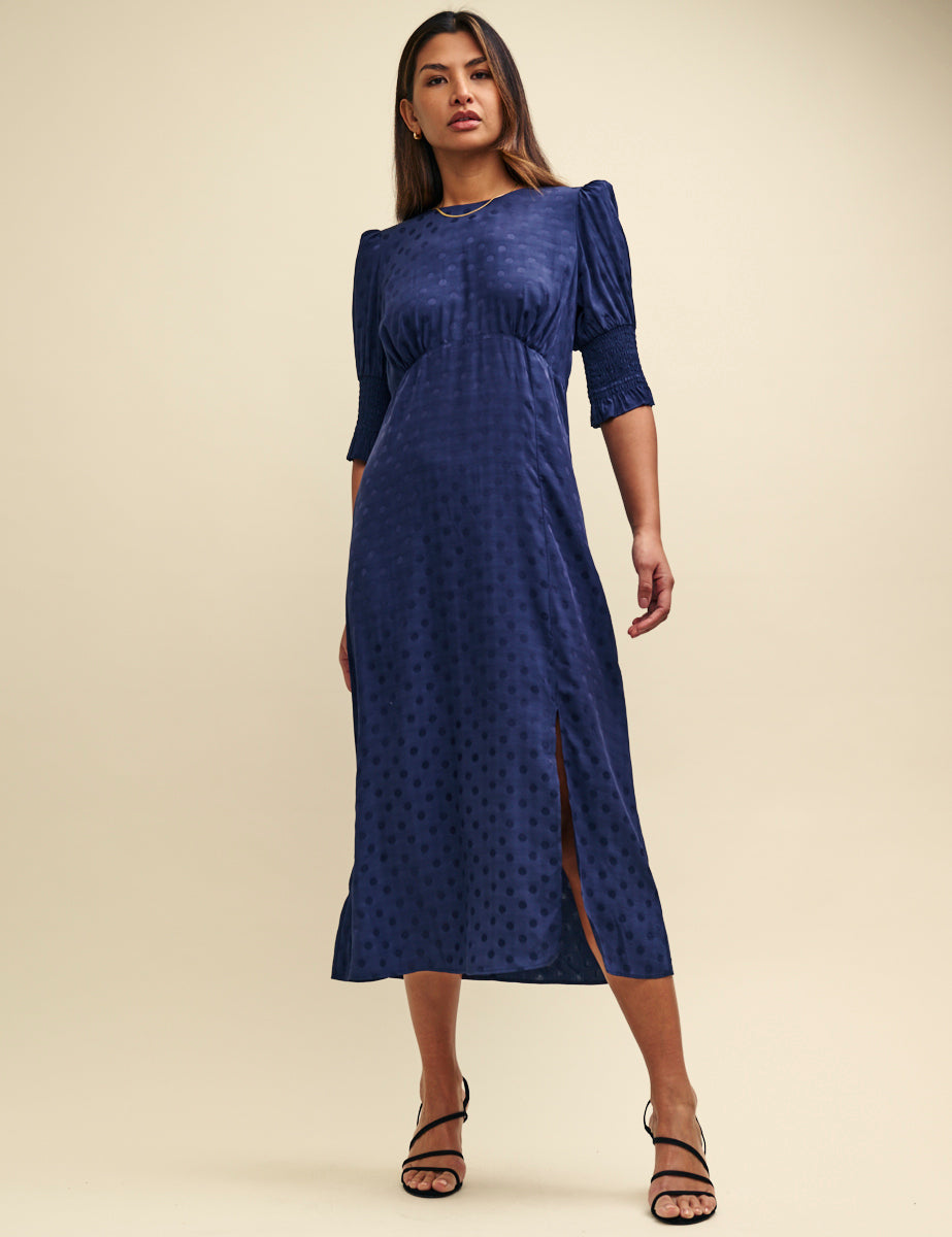 Nobody's Child Blue Satin Jacquard Luna Midi Dress