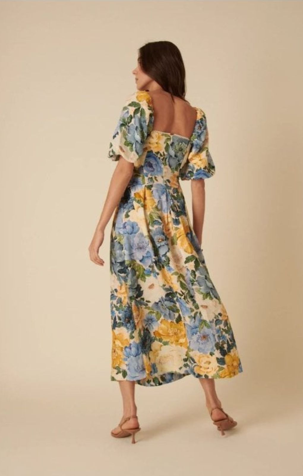 Nobody's Child Blue and Yellow Linen Floral Demi Midi Dress – dresses by Nobody's Child, available to rent from Hirestreet