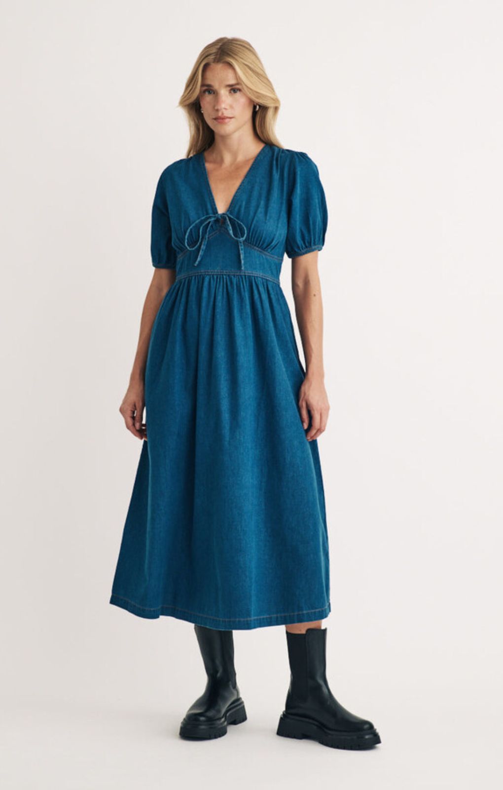 Rent Nobody's Child Denim Short Sleeve Astra Midi Dress
