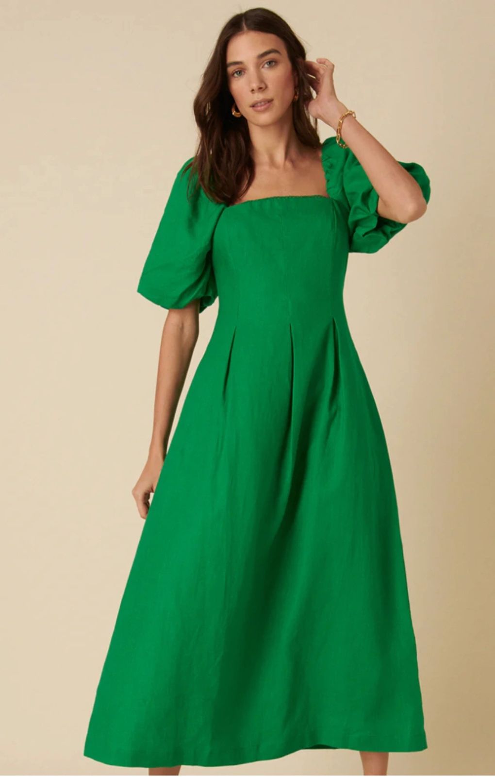 green linen puff sleeve dress Linen Puff Sleeve Empire Waist Midi Dress ESME