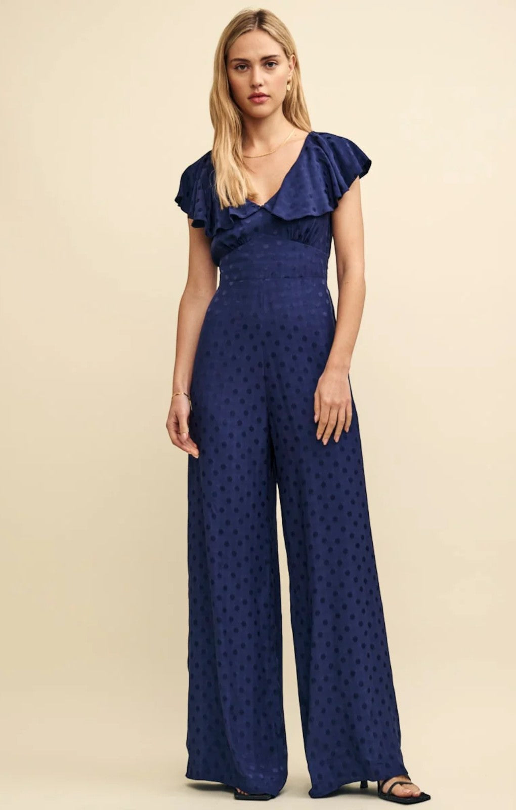 Nobody's Child Navy Satin Jacquard Flutter Sleeve Suki Jumpsuit – jumpsuits & playsuits by Nobody's Child, available to rent from Hirestreet