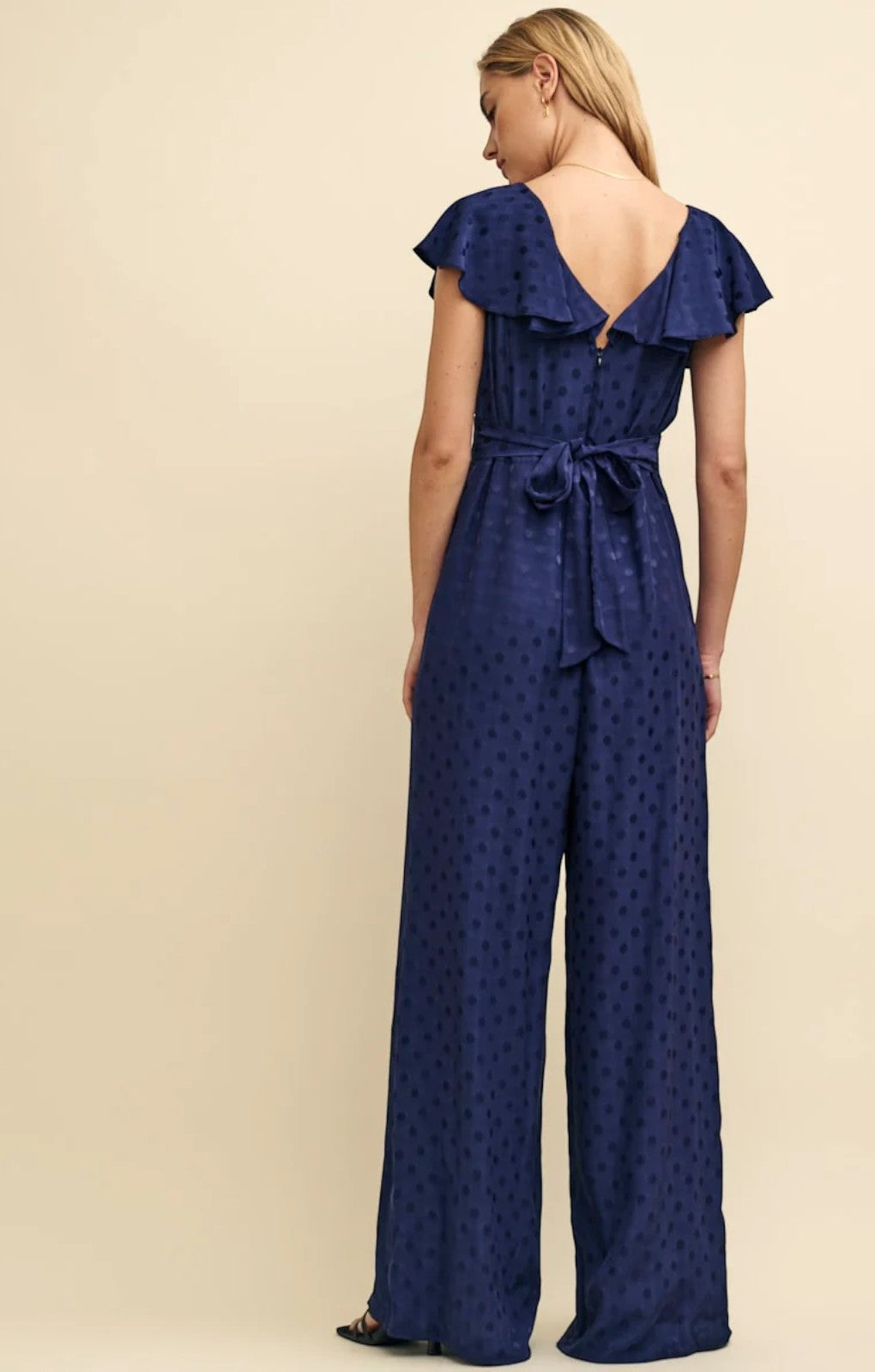 Nobody's Child Navy Satin Jacquard Flutter Sleeve Suki Jumpsuit – jumpsuits & playsuits by Nobody's Child, available to rent from Hirestreet