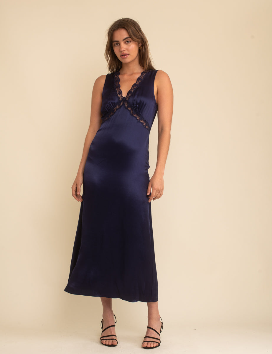 Nobody's Child Navy Sleeveless Satin Lace Trim Nessy Midaxi Dress