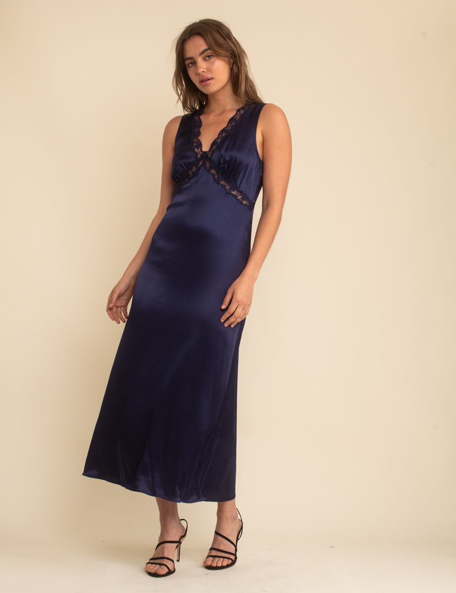 Nobody's Child Navy Sleeveless Satin Lace Trim Nessy Midaxi Dress
