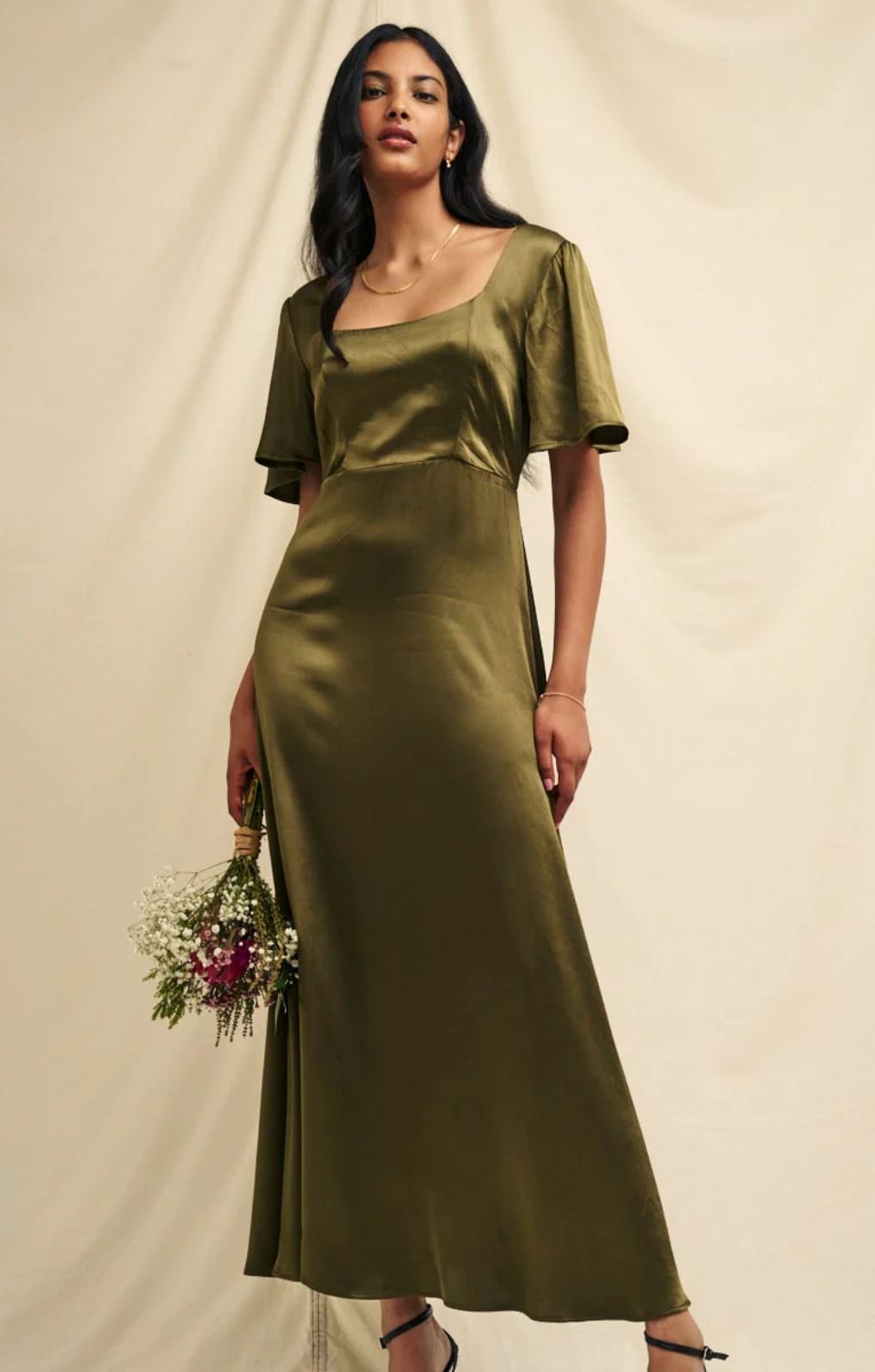 Nobody's Child Olive Green Satin Erin Midaxi Dress – dresses by Nobody's Child, available to rent from Hirestreet