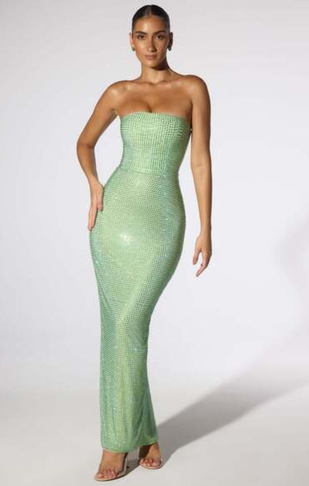 Rent Oh Polly Daleyza Embellished Strapless Evening Gown in Sage Green