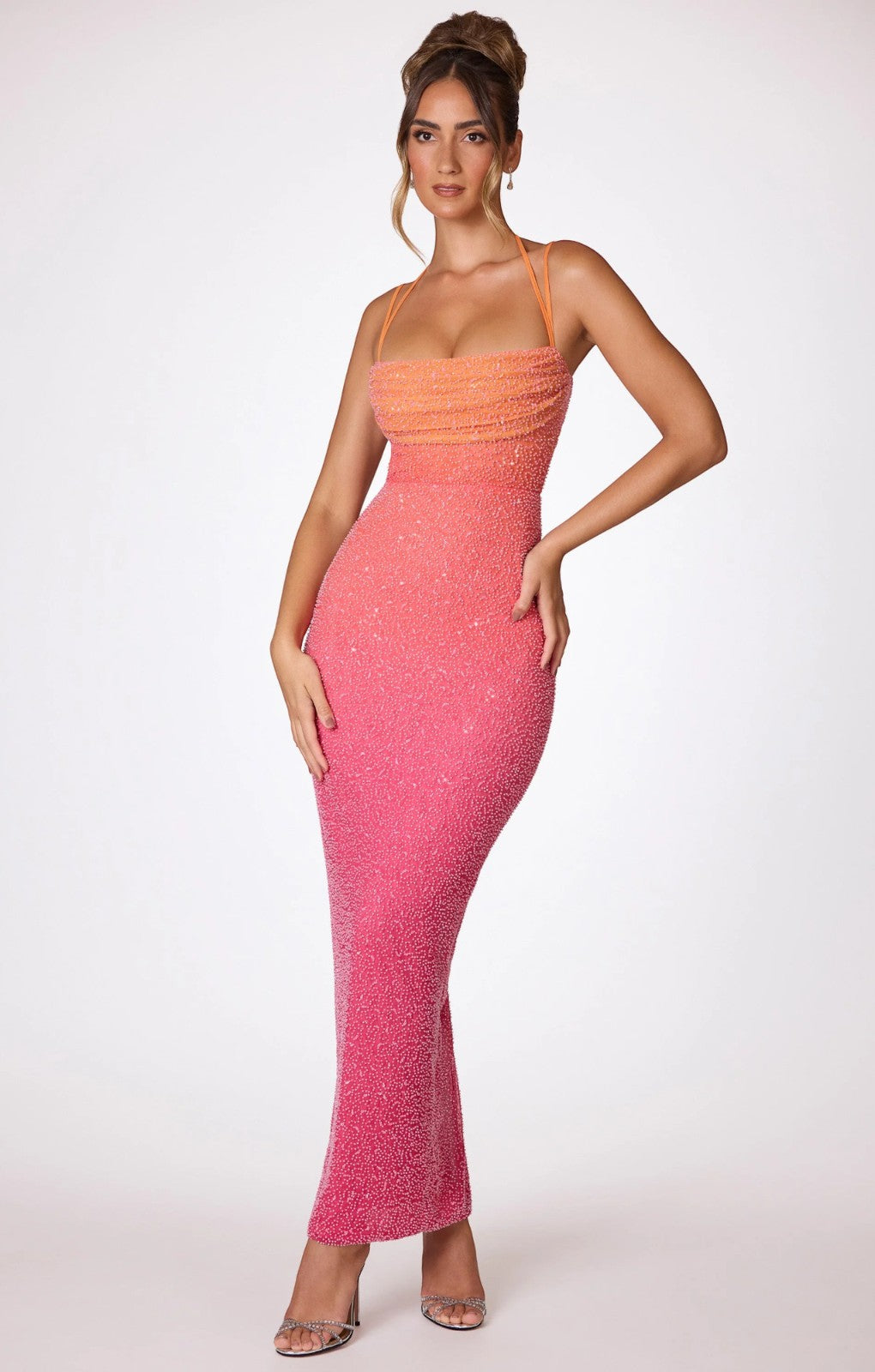 Oh Polly Monte Carlo Embellished Maxi Dress in Red and Orange Ombré – dresses by Oh Polly, available to rent from Hirestreet