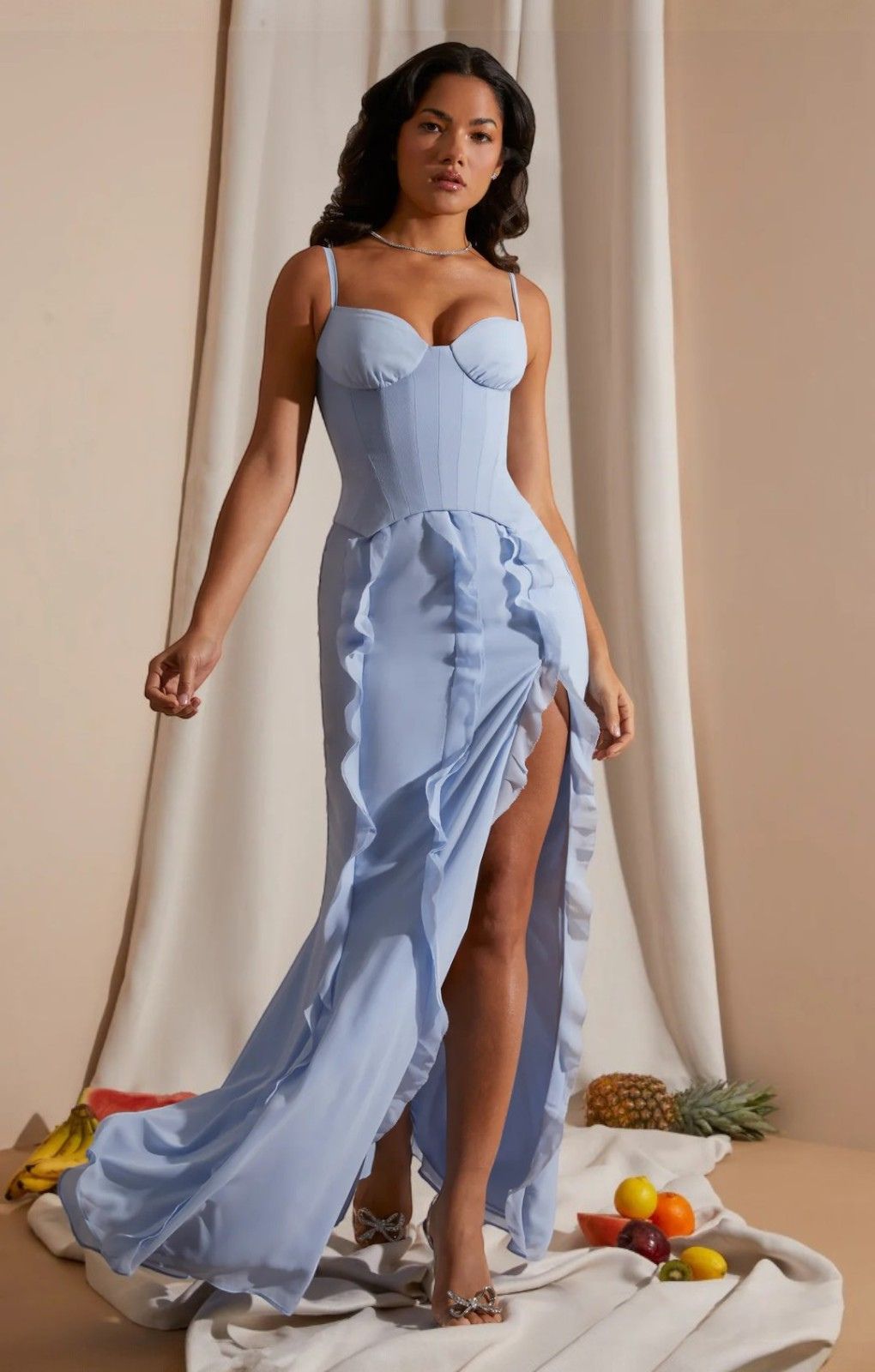 Oh Polly Perrine Corset Frill Skirt Maxi Dress in Blue Oh Polly Perrine Corset Frill Skirt Maxi Dress in Blue
