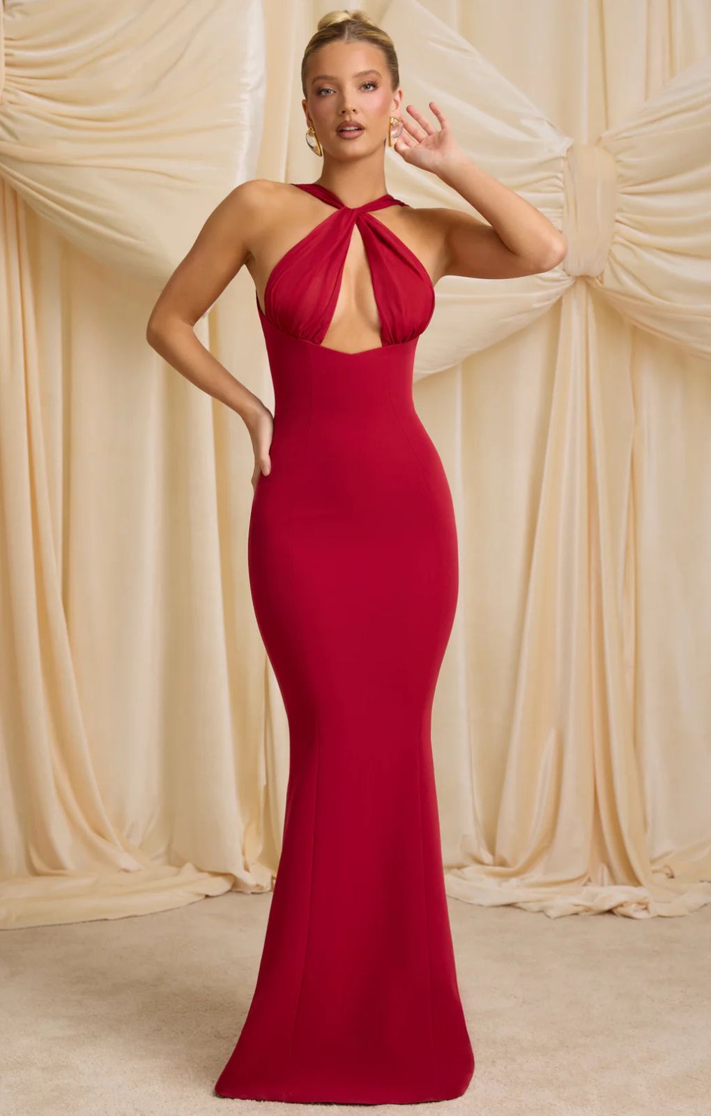 Rent Oh Polly Xanthia Pearl-Detail Halterneck Maxi Dress in True Red Rent Oh Polly Xanthia Pearl-Detail Halterneck Maxi Dress in True Red