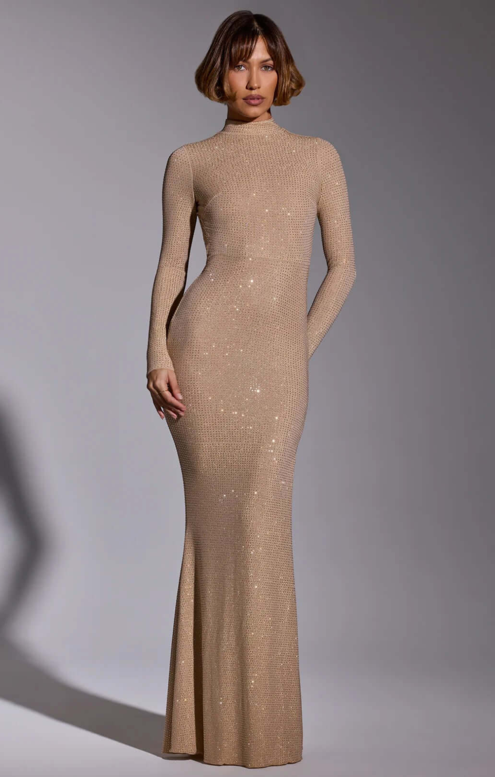 Oh Polly Celestia Embellished Long Sleeve Evening Gown in Gold – dresses by Oh Polly, available to rent from Hirestreet