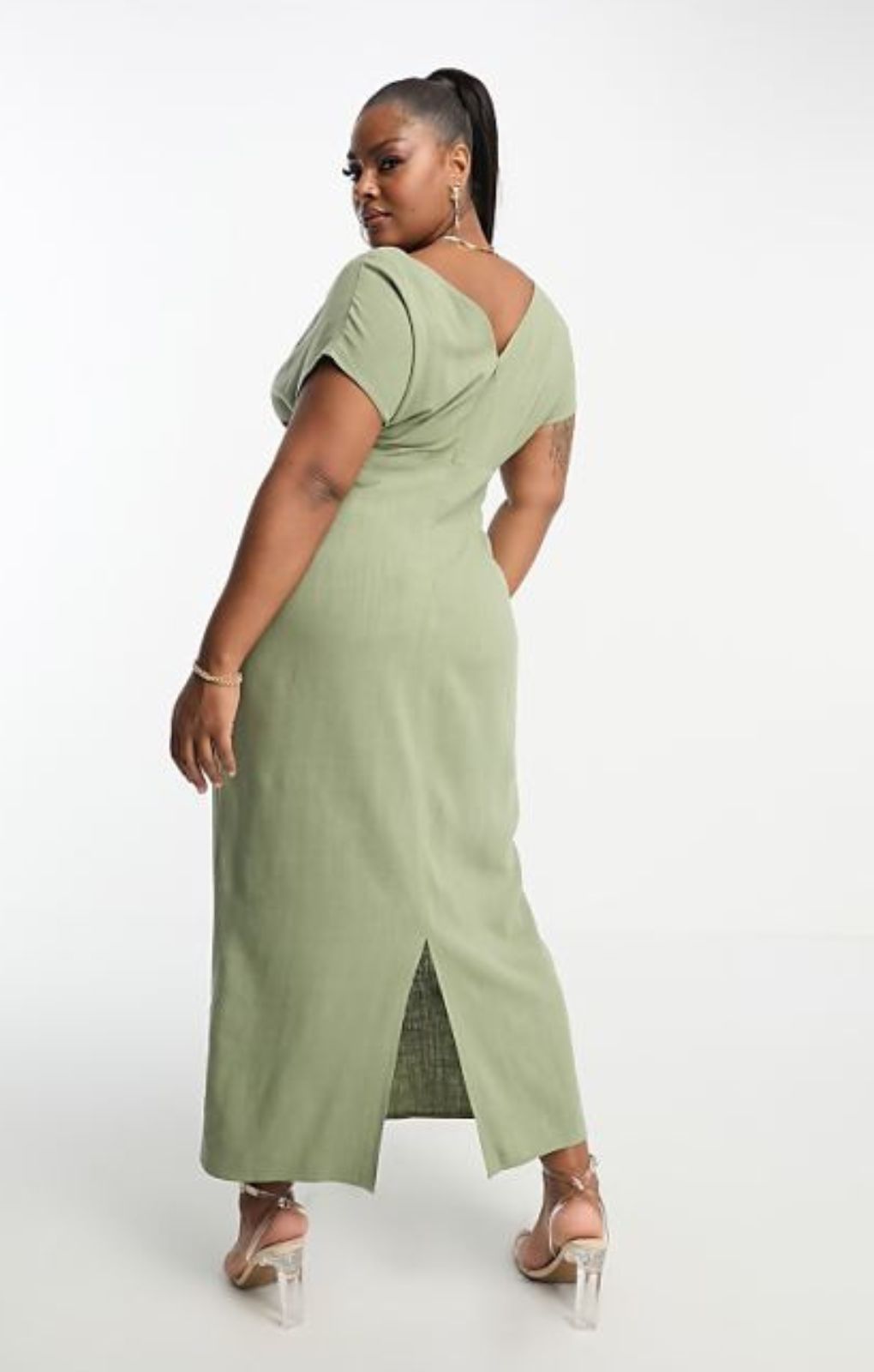 Asos Design Curve V-Neck Linen Double Bow Detail Pencil Midi Dress In Khaki – dresses by ASOS Curve, available to rent from Hirestreet