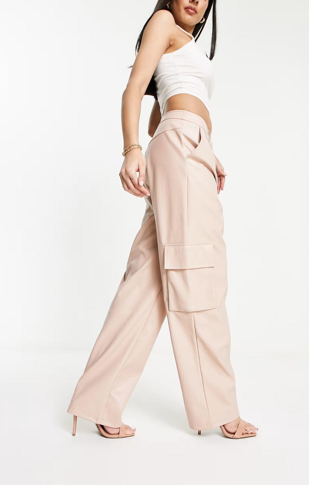 Miss Selfridge Faux Leather Wide Leg Cargo Trouser In Taupe – trousers by Miss Selfridge, available to rent from Hirestreet