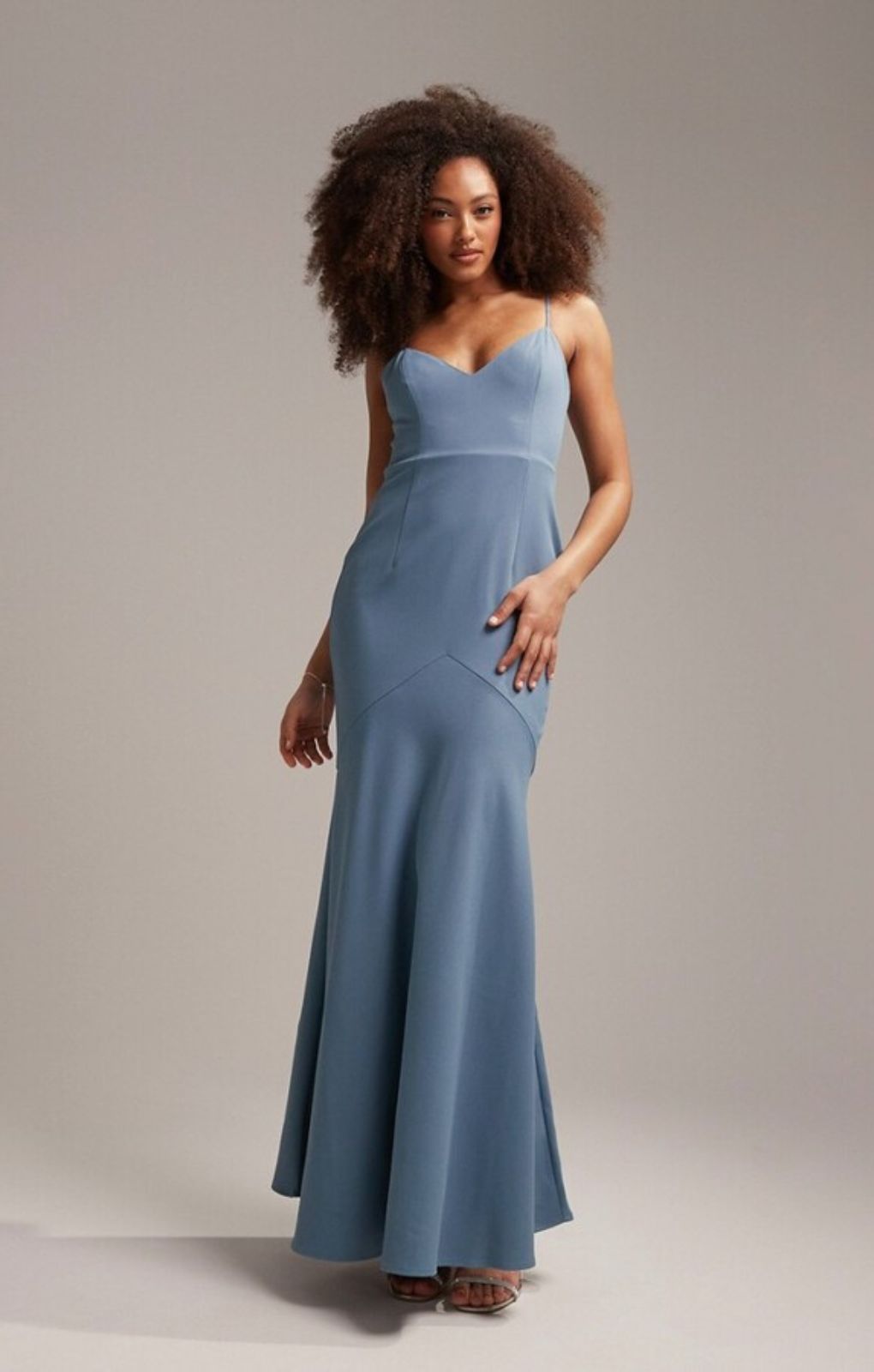 Asos Design Bridesmaid Crepe Strappy Fishtail Maxi Dress In Dusky Blue – dresses by ASOS DESIGN, available to rent from Hirestreet