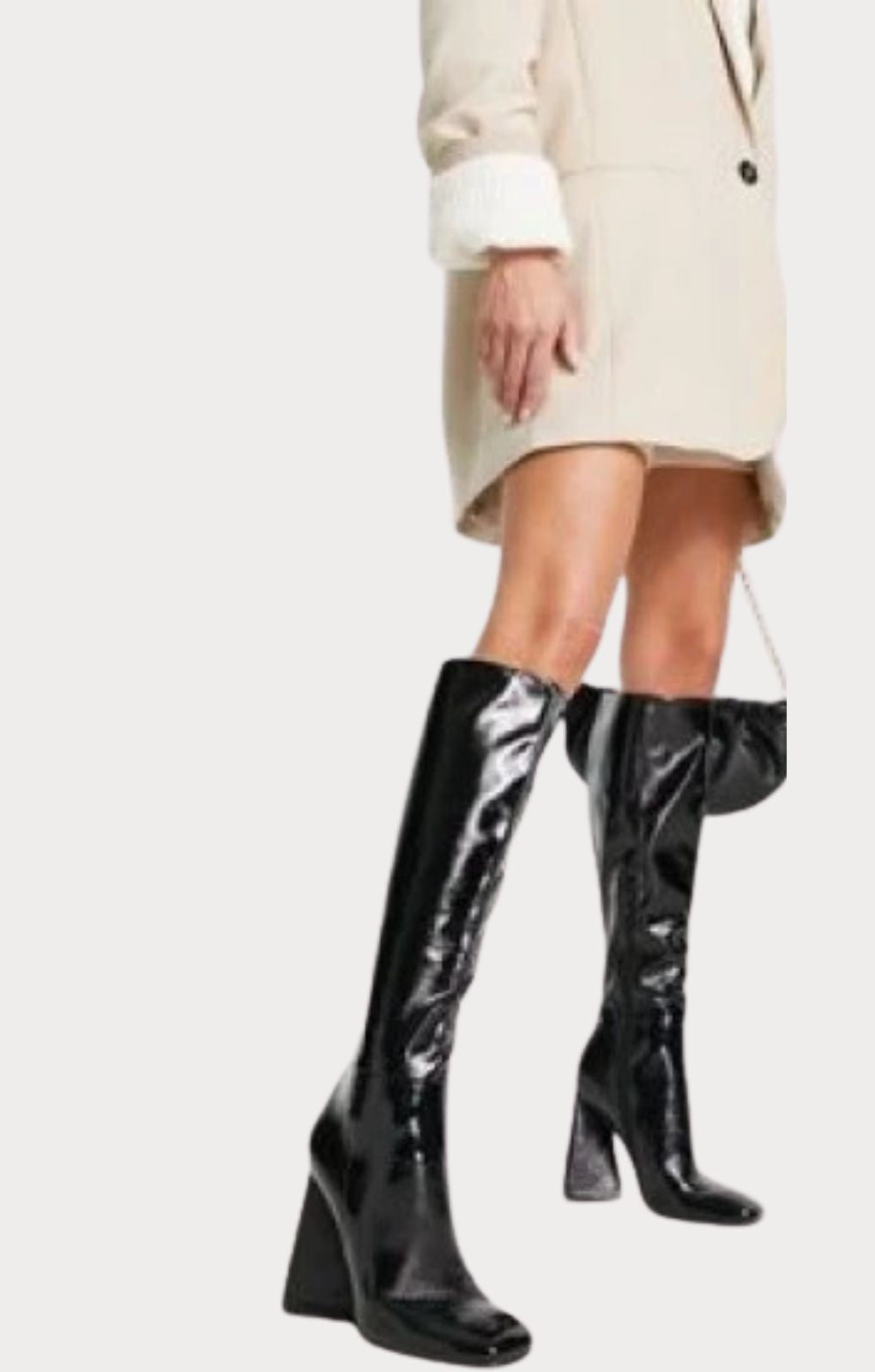 Asos Design Clara High-Heeled Knee Boots In Black Patent – shoes by ASOS DESIGN, available to rent from Hirestreet