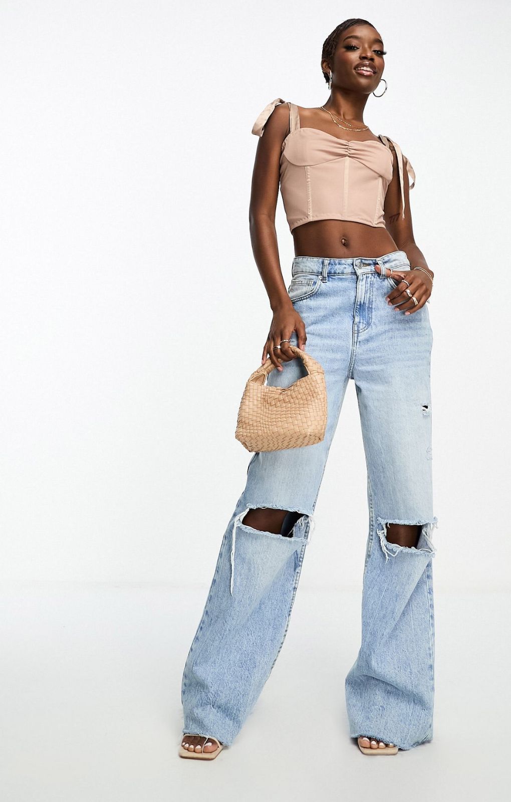 Lace & Beads Exclusive Tie Shoulder Corset Top In Mink – tops by Lace & Beads, available to rent from Hirestreet