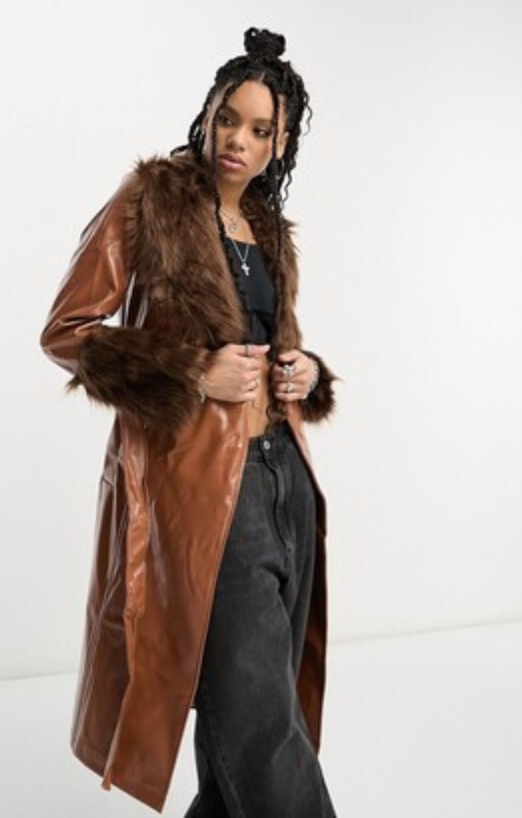 Violet Romance Vinyl Jacket With Faux Fur Trims In Brown – coats & jackets by VIOLET ROMANCE, available to rent from Hirestreet