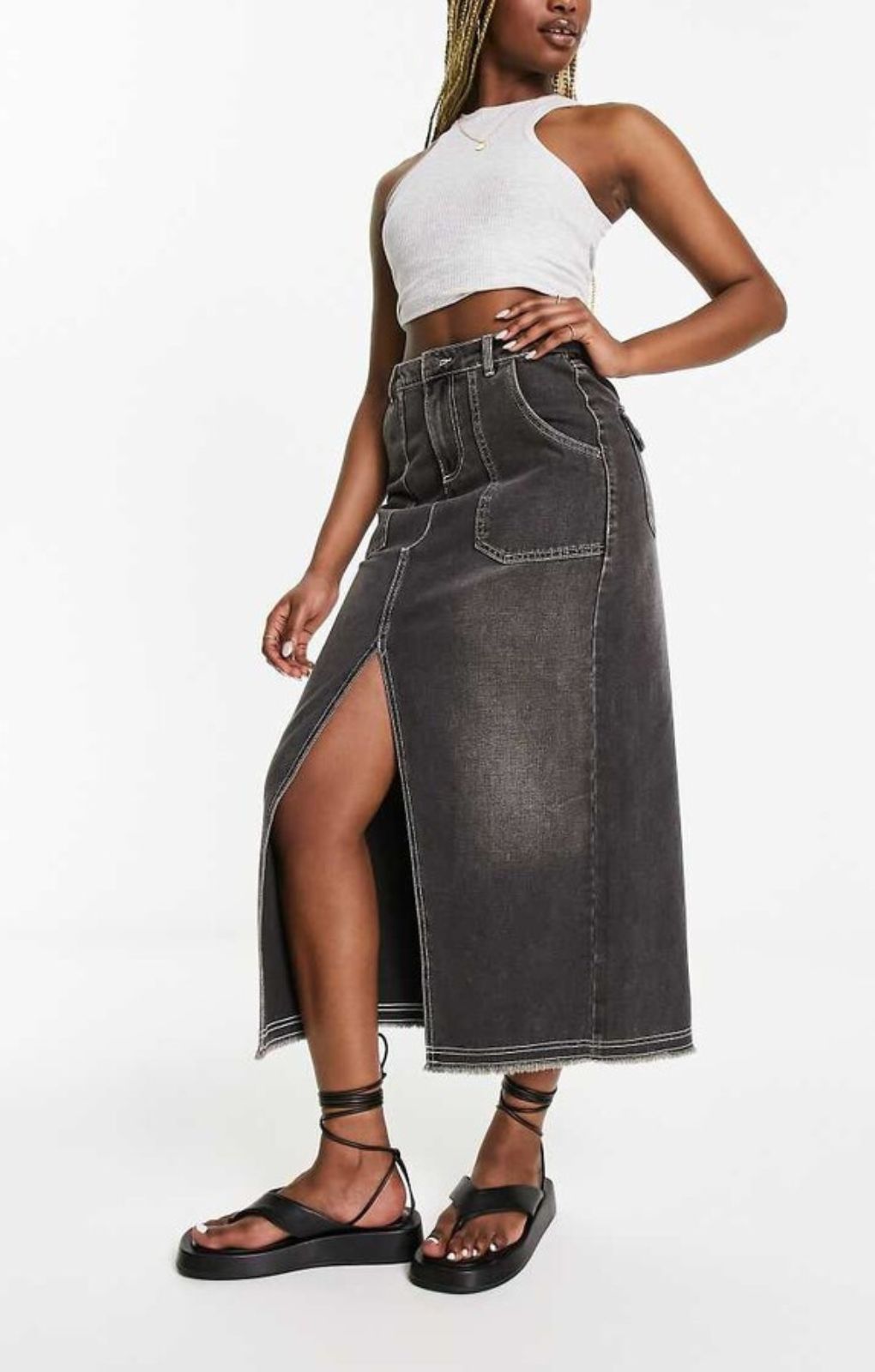 Miss Selfridge Pocket Detail Maxi Skirt In Black Wash With Contrast Stitching – skirts by Miss Selfridge, available to rent from Hirestreet