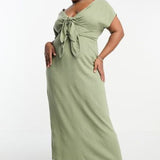 Asos Design Curve V-Neck Linen Double Bow Detail Pencil Midi Dress In Khaki – dresses by ASOS Curve, available to rent from Hirestreet