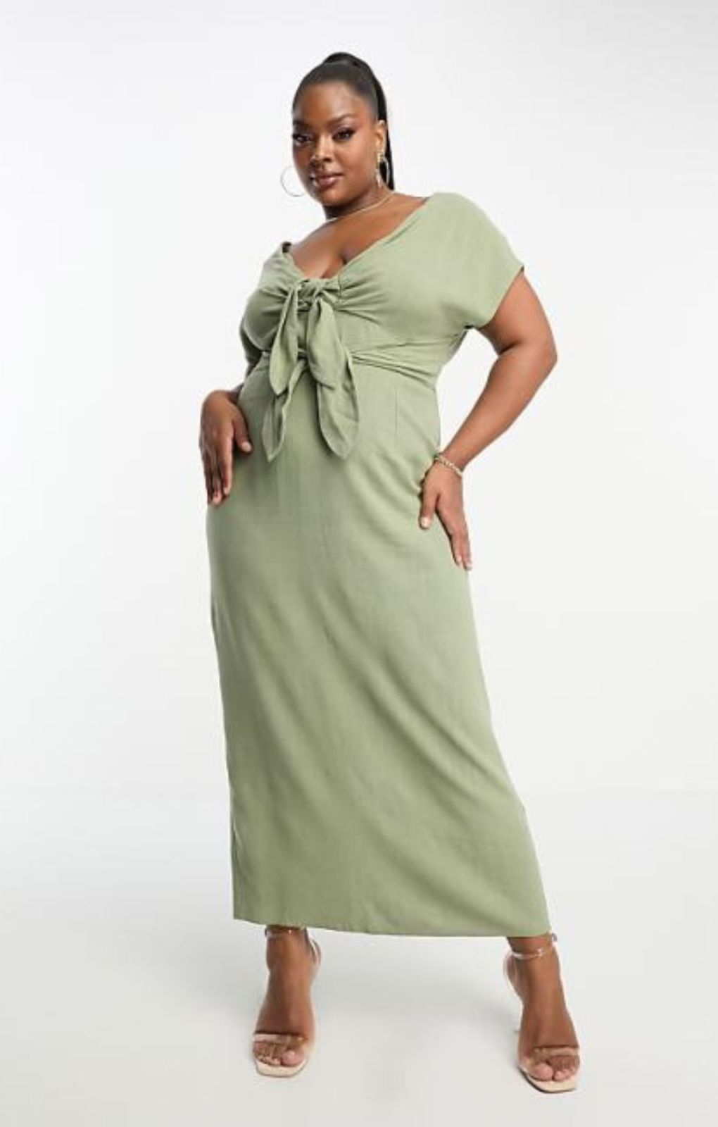 Asos Design Curve V-Neck Linen Double Bow Detail Pencil Midi Dress In Khaki – dresses by ASOS Curve, available to rent from Hirestreet